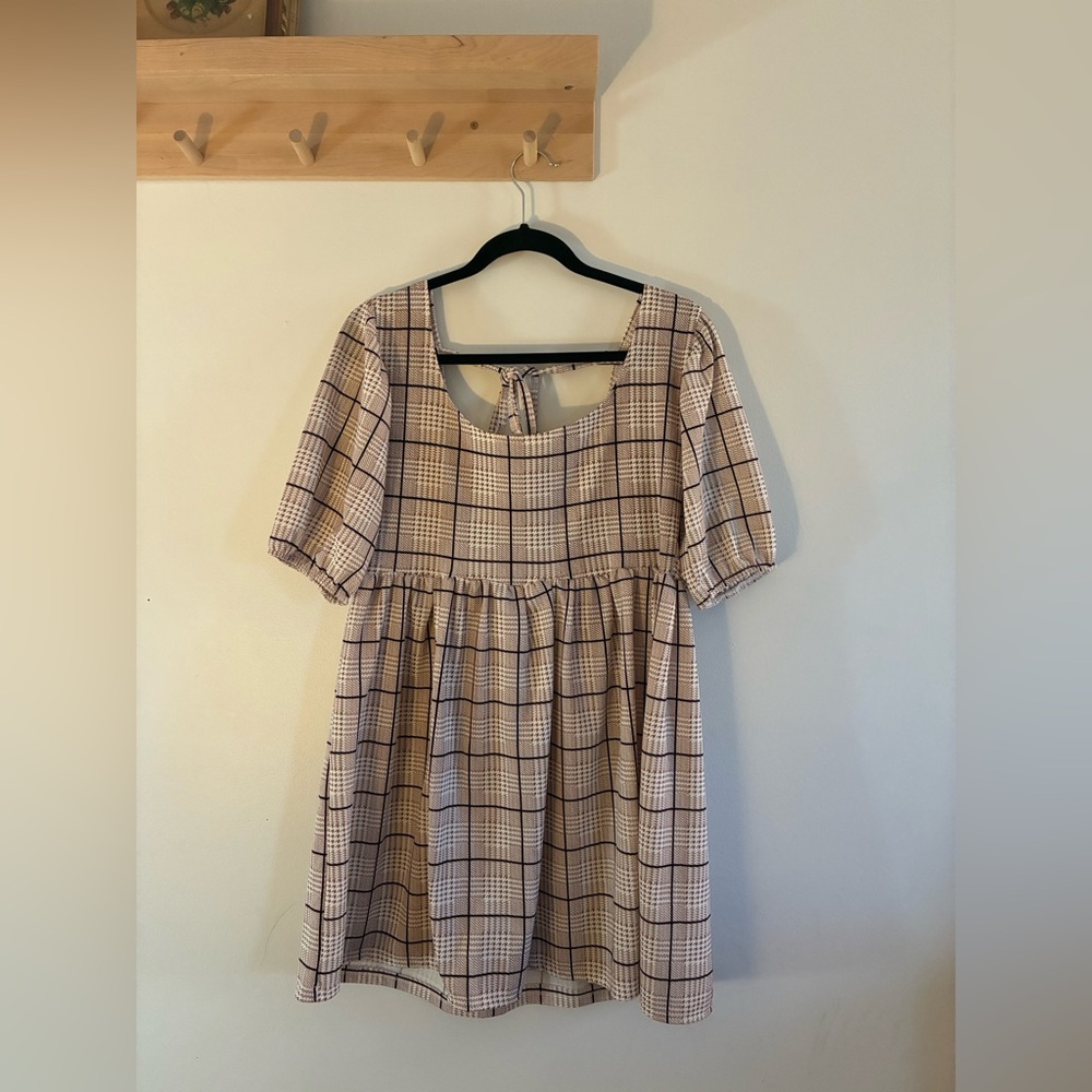 Plaid Square-Neck Mini Dress in Beige